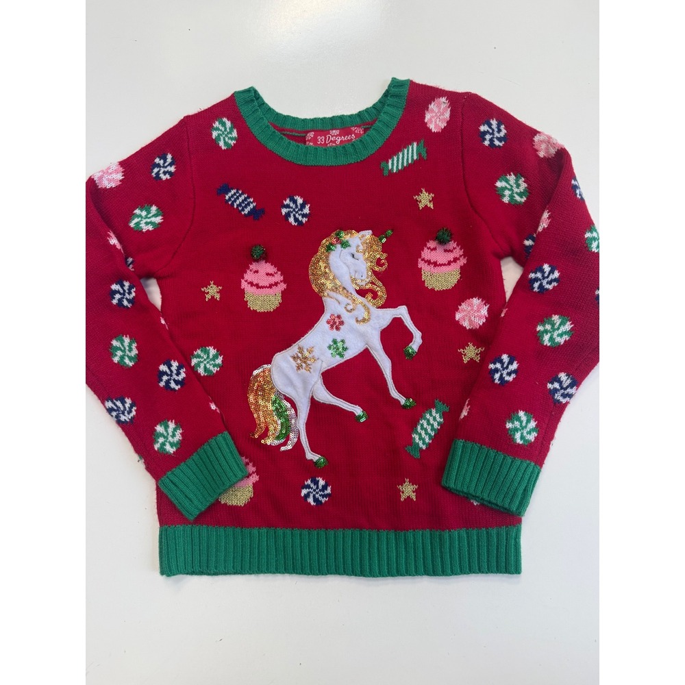 33 Degrees Girls Red Unicorn Sequin Ugly Christmas Sweater Size L 10/12 Holiday